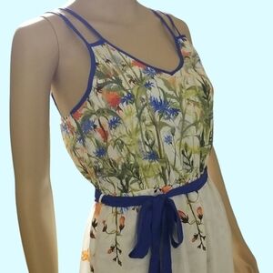 Hello Miss Spaghetti Strap Wearable Art Maxi Dress / Sz S / Off white, floral